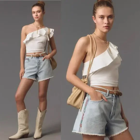 NWT Anthropologie Maeve One Shoulder Ruffled White Asymmetrical Top Blouse XL - Picture 3 of 11